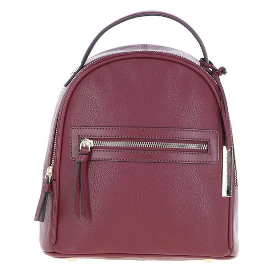Front view of The Verona Real Leather Small Burgundy Backpack highlighting its premium pebbled leather texture, classic dome silhouette, top grab handle, and horizontal zipped pocket with long leather pulls