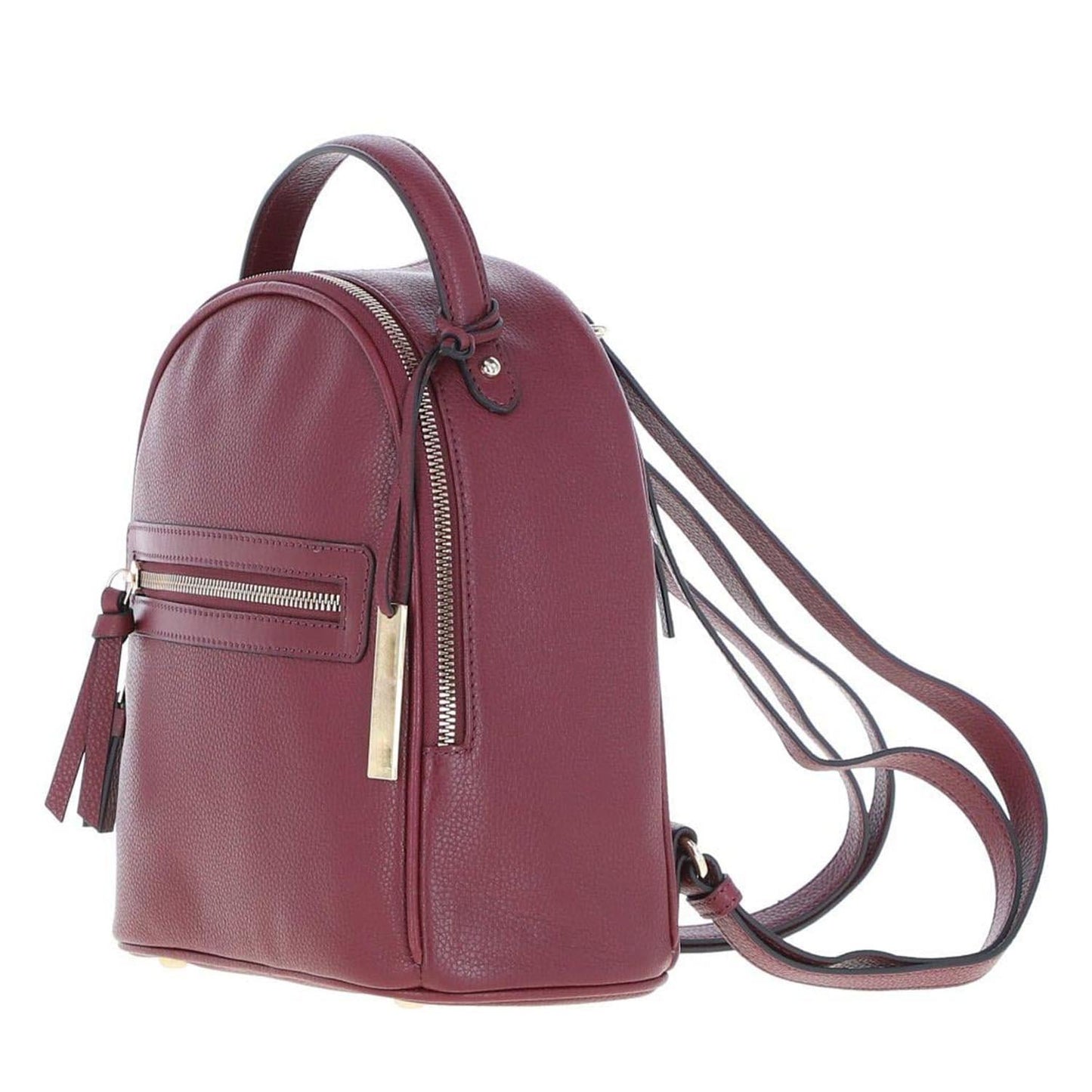 Three-quarter side view of The Verona Real Leather Small Burgundy Backpack displaying the smooth dual-zipper main track, polished gold-tone hardware accents, and protective bottom base studs