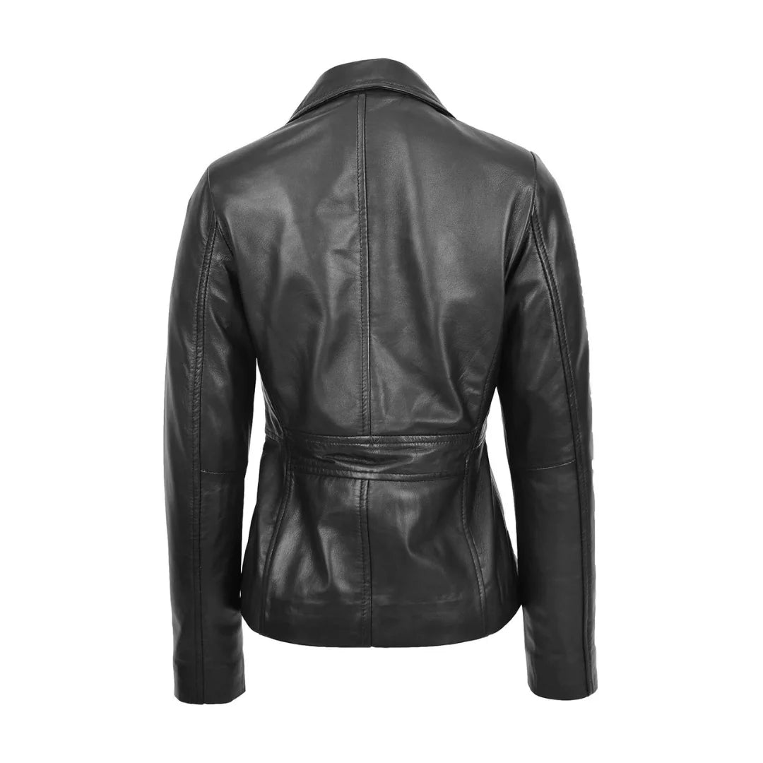 Back view of The Verona women's classic black leather blazer showing the fitted horizontal waist yoke and contoured panel stitching