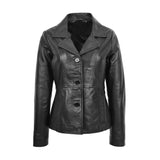 Front view of The Verona Women's Classic Black Leather Blazer showcasing its hourglass silhouette, three-button closure, and sleek notch lapel