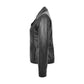 Side profile view of The Verona women's tailored black leather blazer highlighting the minimalist, non-bulky inset welt hip pockets