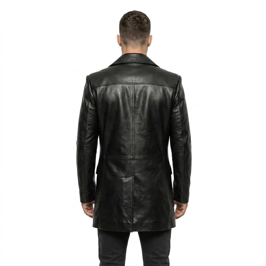 The Wellington mens genuine black cowhide leather peacoat back view structured shoulders center vent mid thigh by Trico Gear