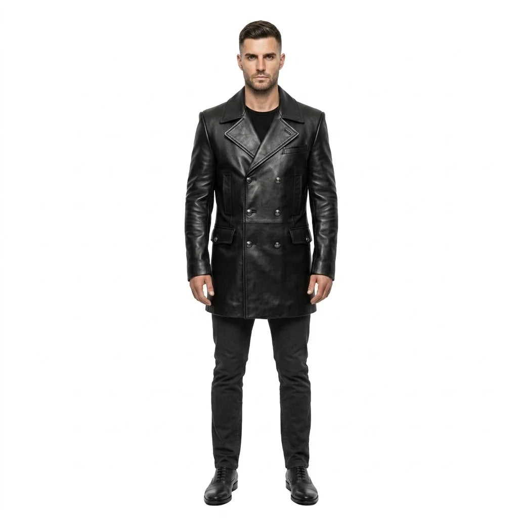 The Wellington mens genuine black cowhide leather peacoat front double breasted gunmetal buttons peak lapels by Trico Gear