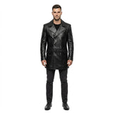 The Wellington mens genuine black cowhide leather peacoat front double breasted gunmetal buttons peak lapels by Trico Gear