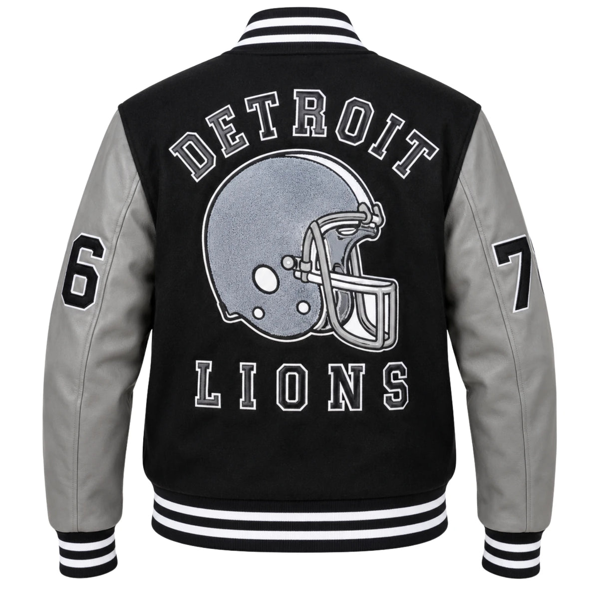 Tom Hardy Eddie Brock Venom 2 Detroit Lions varsity jacket back with Detroit Lions helmet and embroidered lettering
