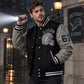 Tom Hardy Eddie Brock Venom 2 Detroit Lions varsity letterman jacket worn by a male model in a cinematic outdoor setting