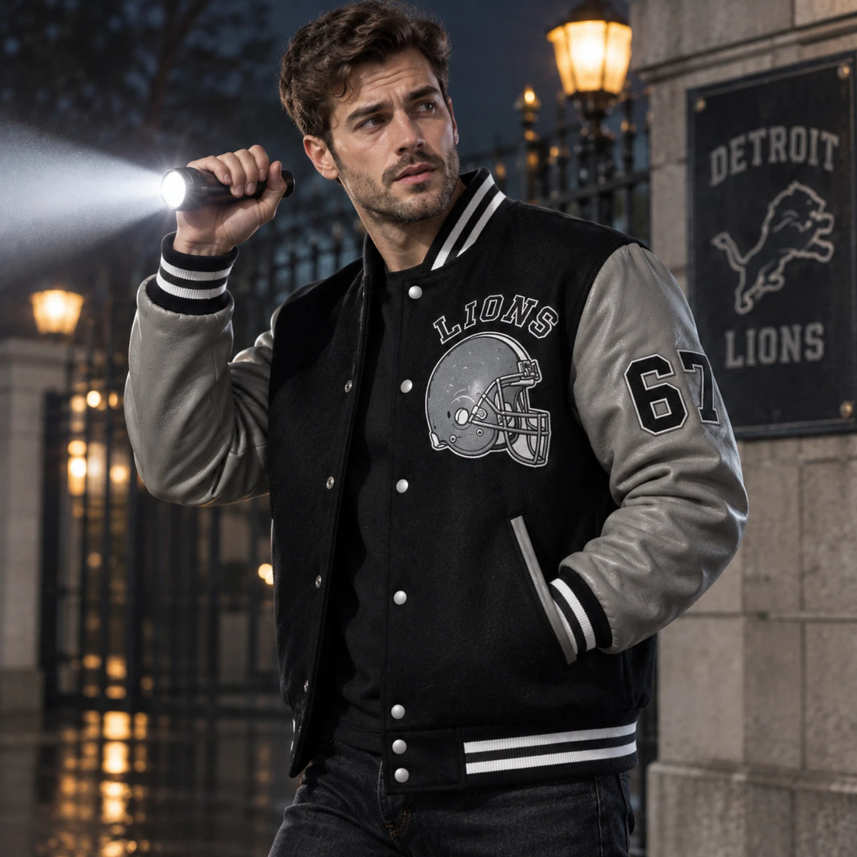Tom Hardy Eddie Brock Venom 2 Detroit Lions varsity letterman jacket worn by a male model in a cinematic outdoor setting