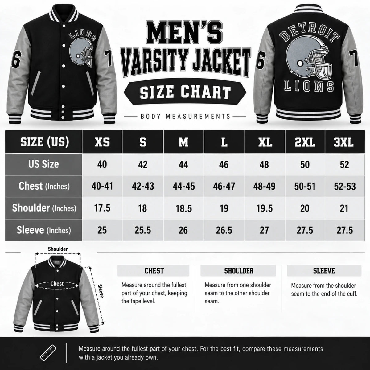 Tom Hardy Eddie Brock Venom 2 Detroit Lions varsity jacket men's size chart with chest shoulder and sleeve measurements