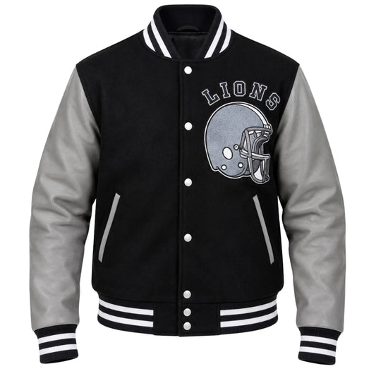 Tom Hardy Eddie Brock Venom 2 Detroit Lions varsity letterman jacket front view with black wool body and gray leather sleeves