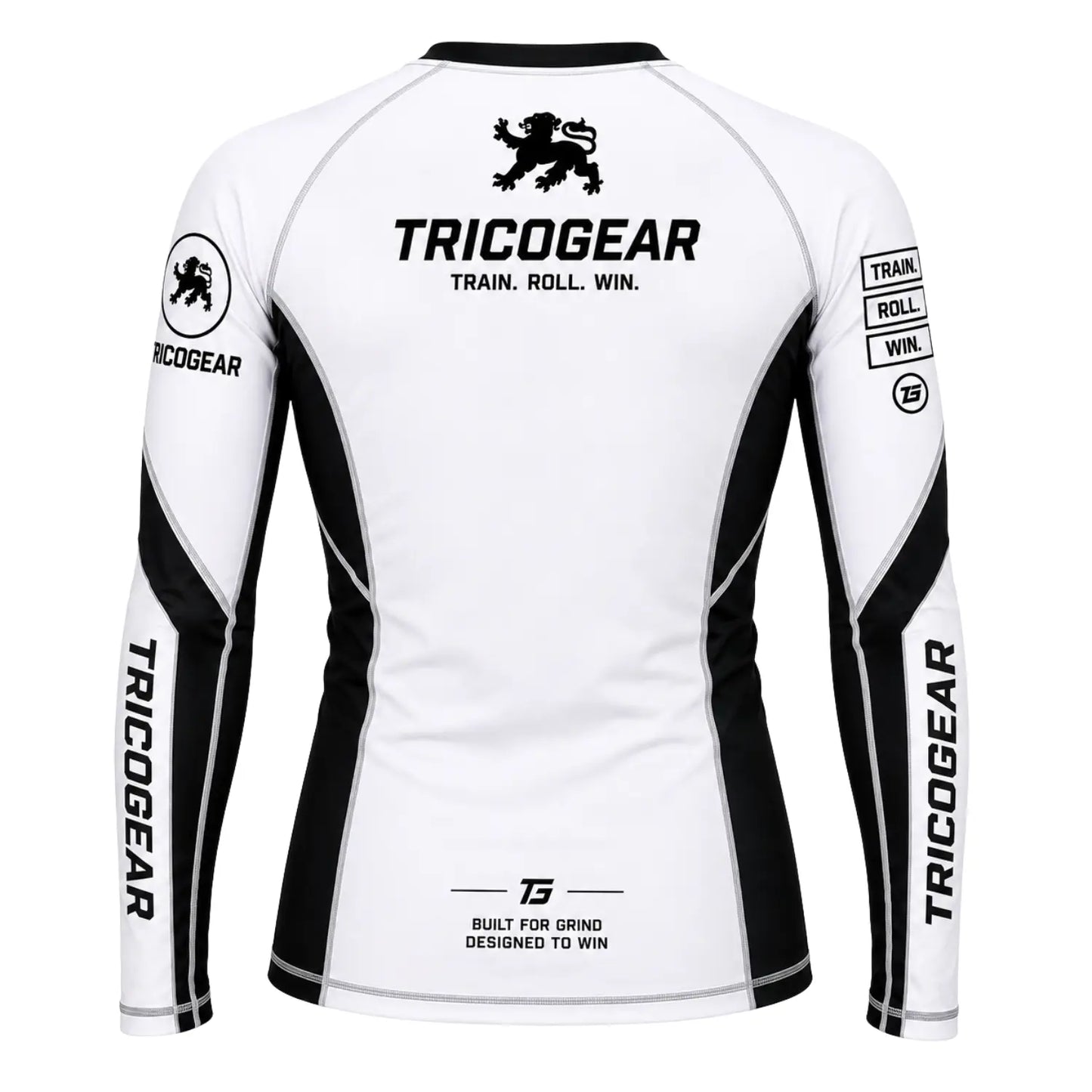 TricoGear Apex CS-01 BJJ No-Gi long sleeve rash guard back view in white and black