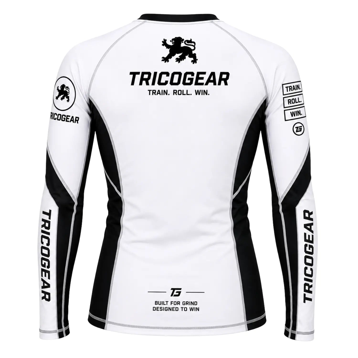 TricoGear Apex CS-01 BJJ No-Gi long sleeve rash guard back view in white and black