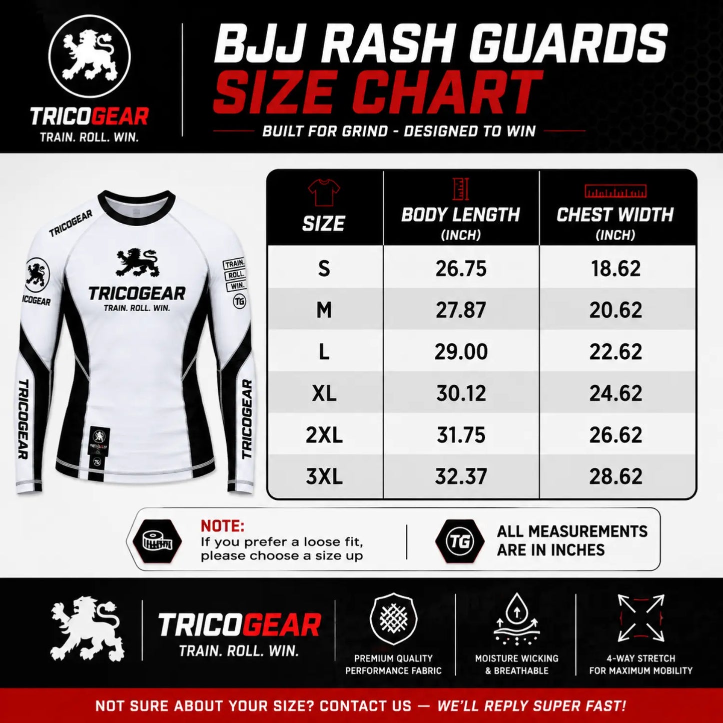 TricoGear Apex CS-01 BJJ No-Gi rash guard size chart with body length and chest width measurements