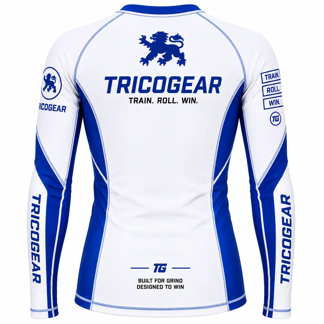 TricoGear Apex CS-04 white and blue BJJ no-gi rash guard back view