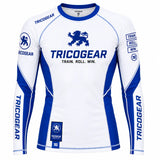 TricoGear Apex CS-04 white and blue BJJ no-gi rash guard front view