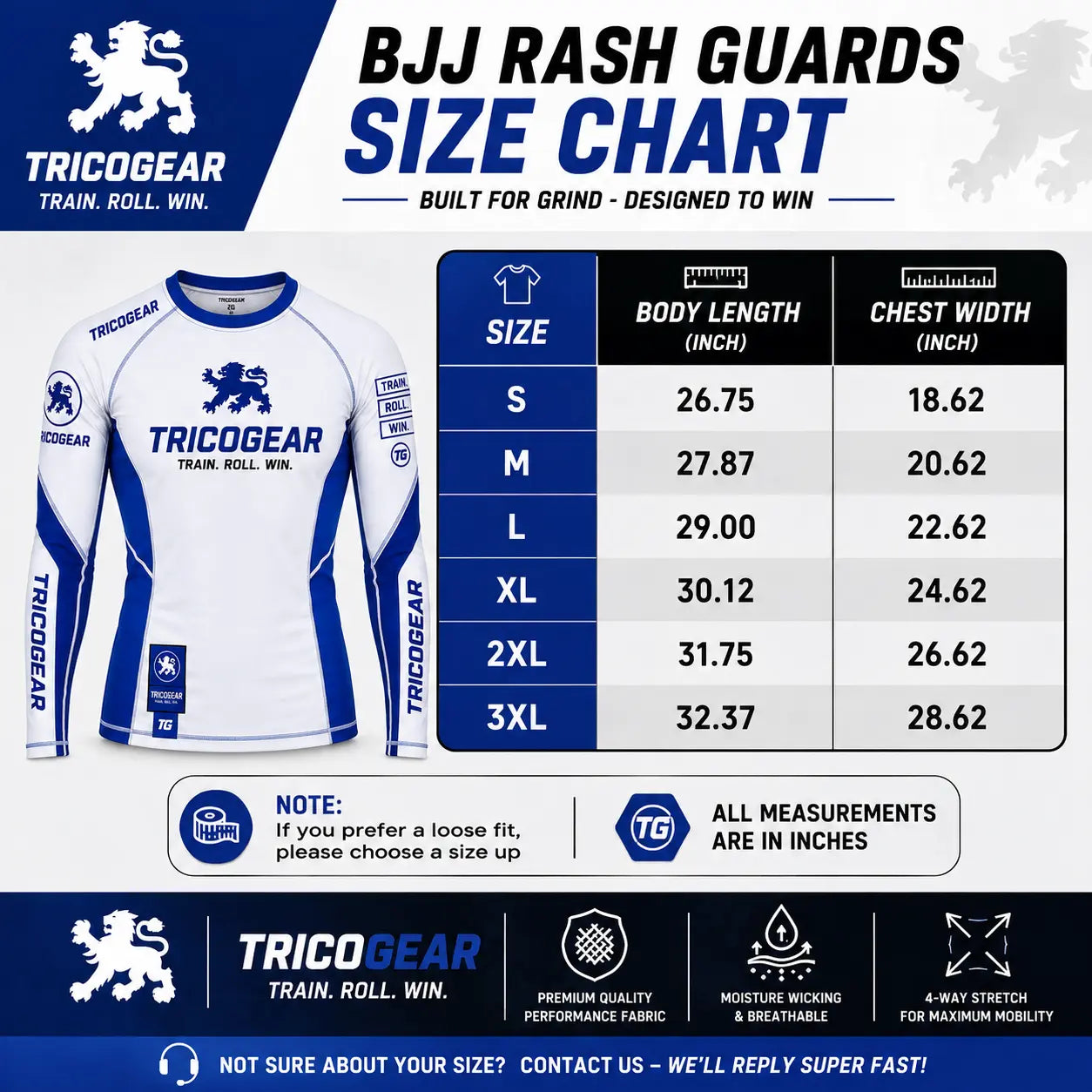 TricoGear Apex CS-04 BJJ rash guard size chart with body length and chest width