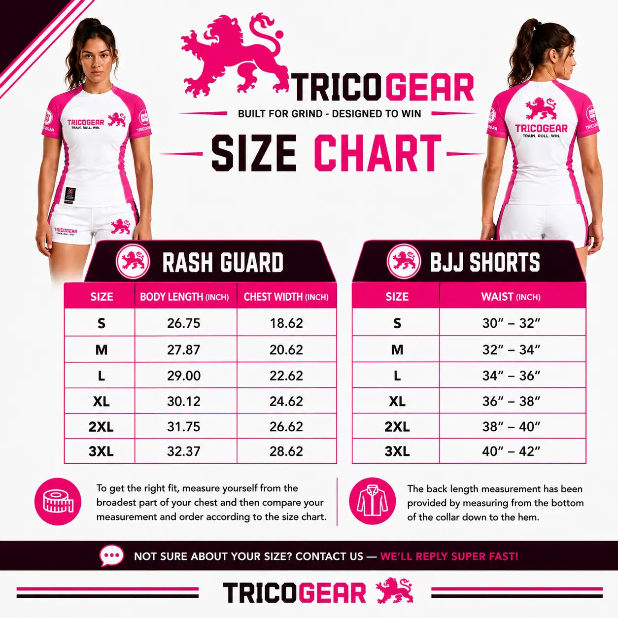 TricoGear Apex CS5-06 women's BJJ rash guard and grappling shorts size chart