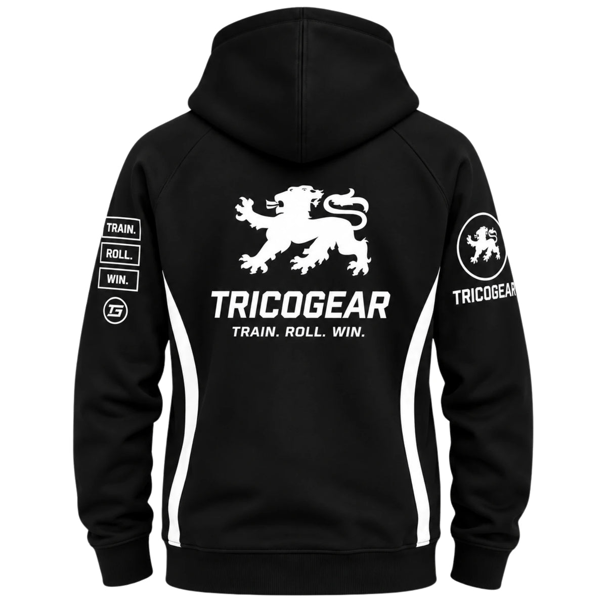 Tricogear Batch TRI 26 black BJJ hoodie back view with large lion logo and Tricogear branding