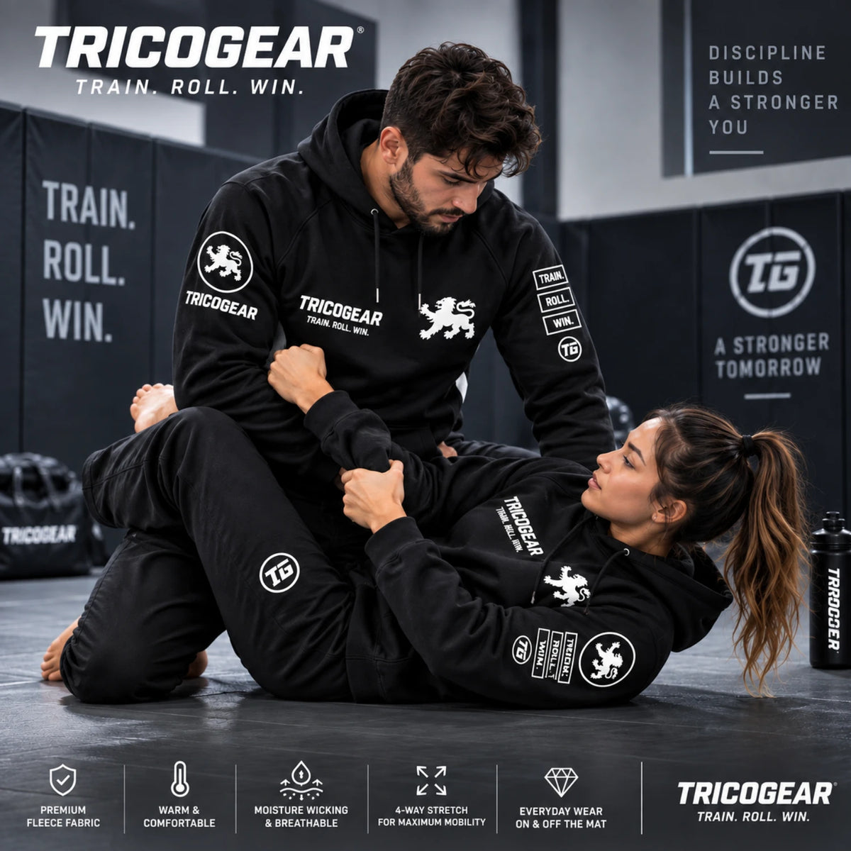 Tricogear Batch TRI 26 black BJJ hoodies worn by athletes during Brazilian Jiu-Jitsu training