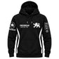 Tricogear Batch TRI 26 black BJJ hoodie front view with lion logo, sleeve graphics, and kangaroo pocket