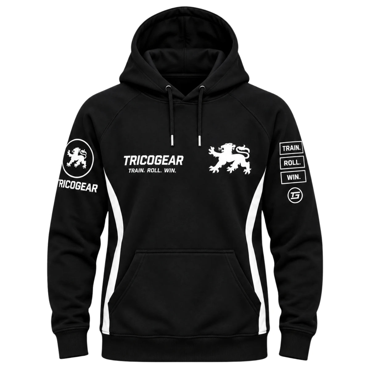 Tricogear Batch TRI 26 black BJJ hoodie front view with lion logo, sleeve graphics, and kangaroo pocket