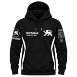 Tricogear Batch TRI 26 black BJJ hoodie front view with lion logo, sleeve graphics, and kangaroo pocket