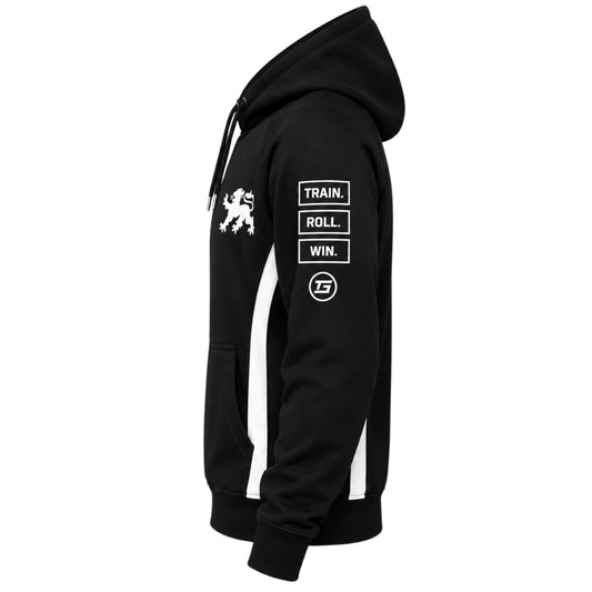 Tricogear Batch TRI 26 black BJJ hoodie side view showing sleeve Train Roll Win graphics and white side panels