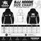 Tricogear Batch TRI 26 black BJJ hoodie size chart showing chest and length measurements from XS to XXXL