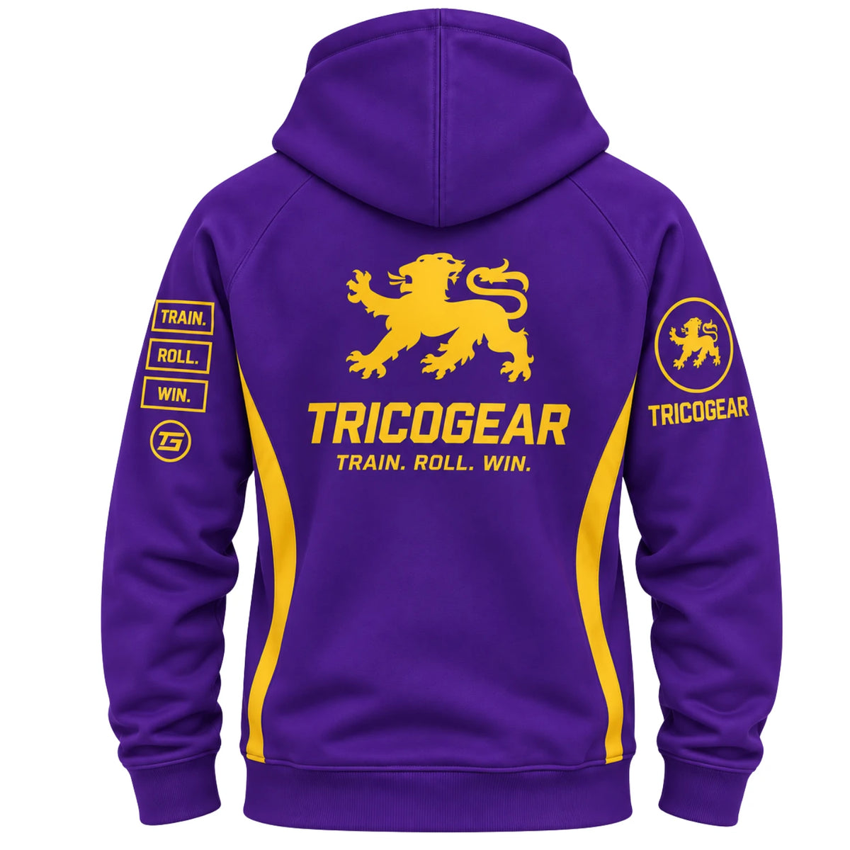 Tricogear Batch TRI 32 Blue & Gold BJJ Hoodie back view with large gold lion and Tricogear branding
