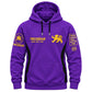 Tricogear Batch TRI 32 Blue & Gold BJJ Hoodie front view with gold lion logo and Train Roll Win graphics