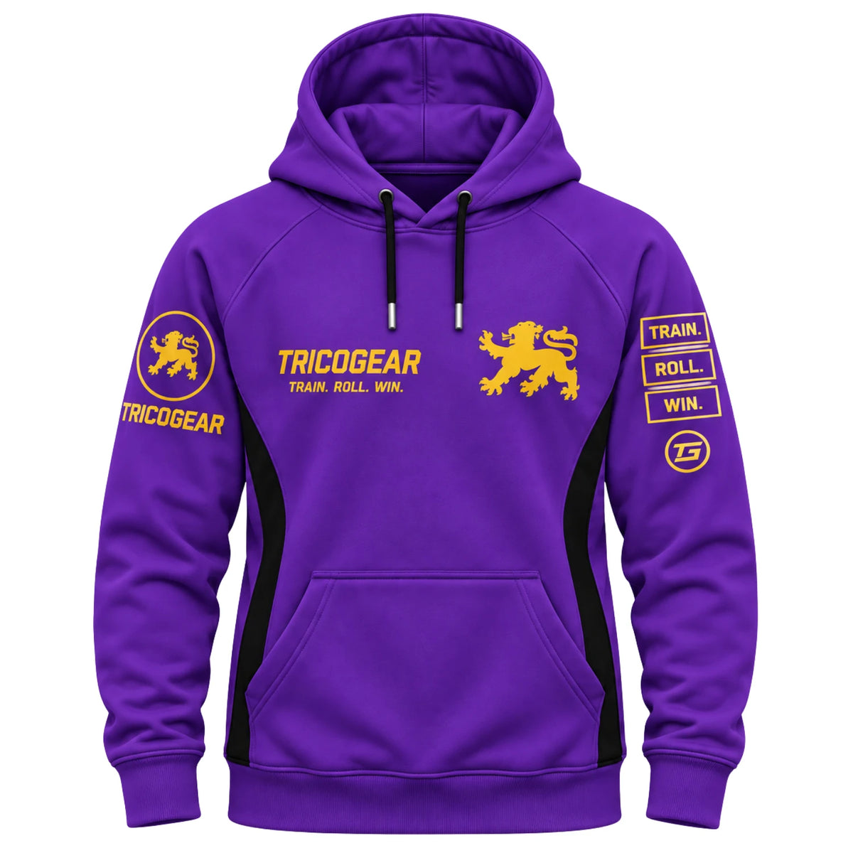 Tricogear Batch TRI 32 Blue & Gold BJJ Hoodie front view with gold lion logo and Train Roll Win graphics