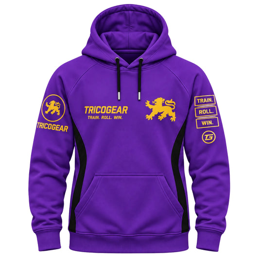 Tricogear Batch TRI 32 Blue & Gold BJJ Hoodie front view with gold lion logo and Train Roll Win graphics