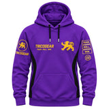 Tricogear Batch TRI 32 Blue & Gold BJJ Hoodie front view with gold lion logo and Train Roll Win graphics