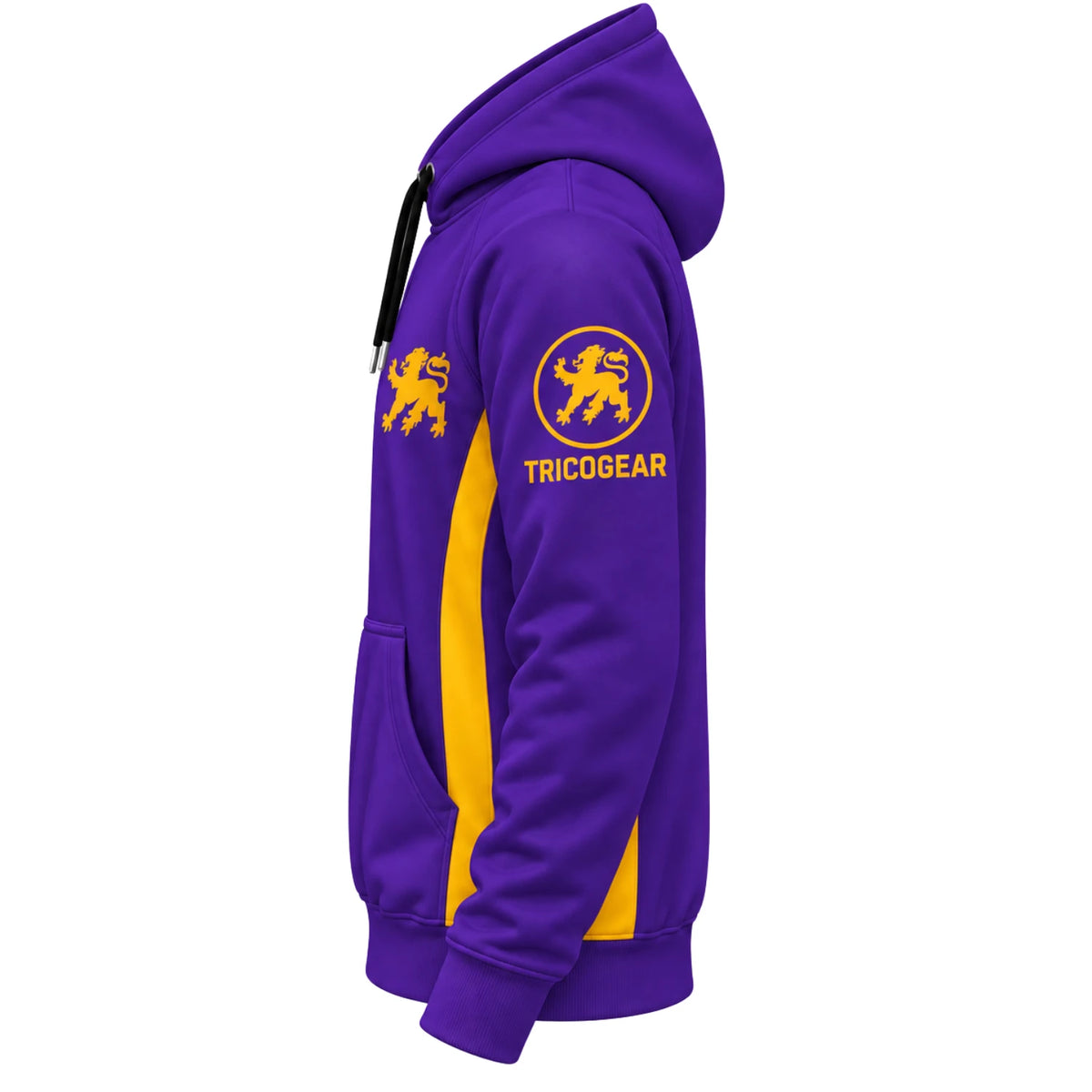 Tricogear Batch TRI 32 Blue & Gold BJJ Hoodie side detail with lion logo and gold sleeve design