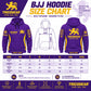 Tricogear Batch TRI 32 Blue & Gold BJJ Hoodie size chart with chest and length measurements from XS to XXXL