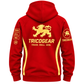 Tricogear TRI 28 R-G red and gold BJJ hoodie back view with large Tricogear lion graphic