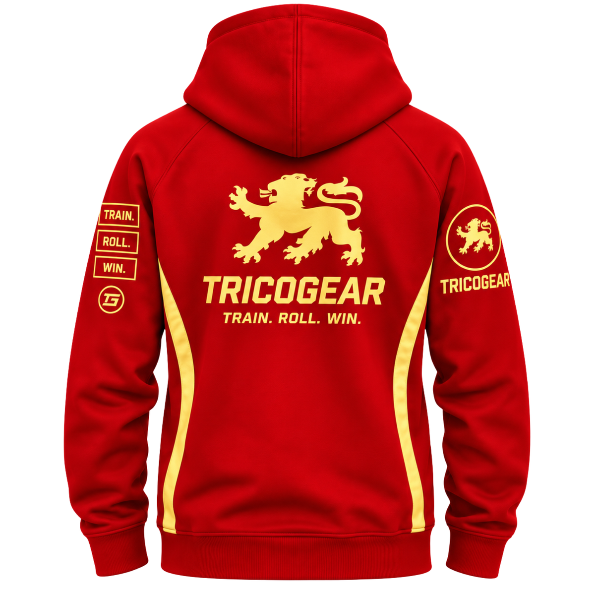 Tricogear TRI 28 R-G red and gold BJJ hoodie back view with large Tricogear lion graphic