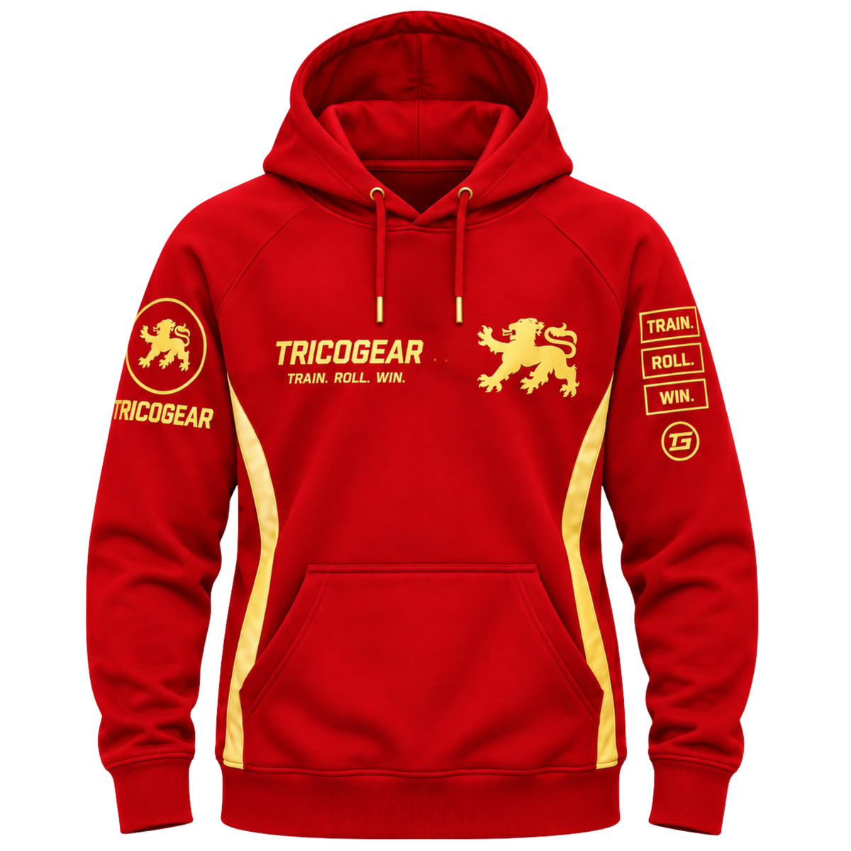 Tricogear TRI 28 R-G red and gold BJJ hoodie front view with 300 GSM fleece
