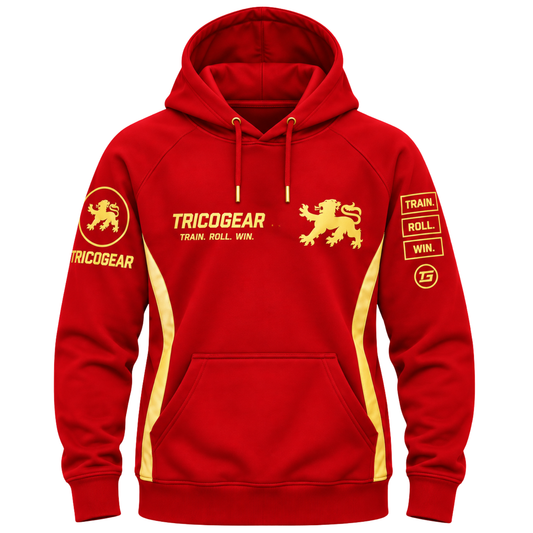 Tricogear TRI 28 R-G red and gold BJJ hoodie front view with 300 GSM fleece