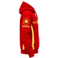 Tricogear TRI 28 R-G red and gold fleece hoodie side detail with Tricogear sleeve branding