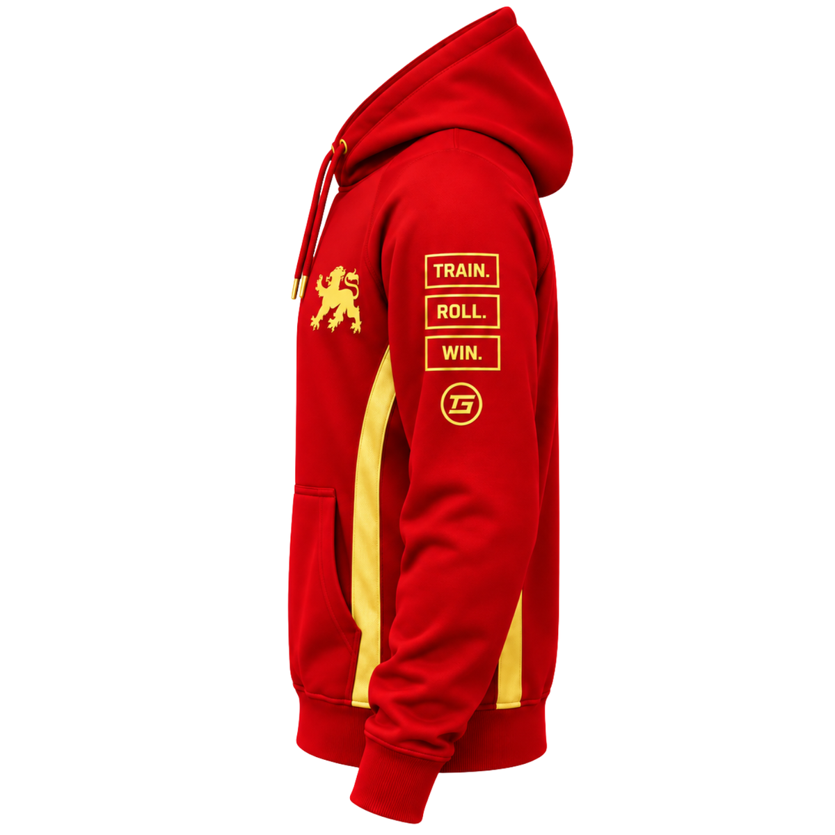 Tricogear TRI 28 R-G red and gold BJJ hoodie side view showing sleeve graphics and gold accents