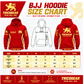 Tricogear TRI 28 R-G red and gold BJJ hoodie size chart with chest and length measurements from XS to XXXL