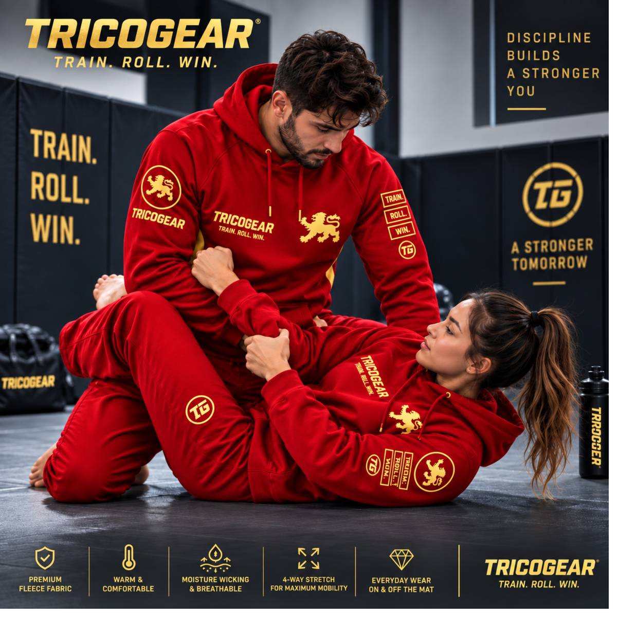 Tricogear TRI 28 R-G red and gold BJJ hoodie worn during Brazilian Jiu-Jitsu training
