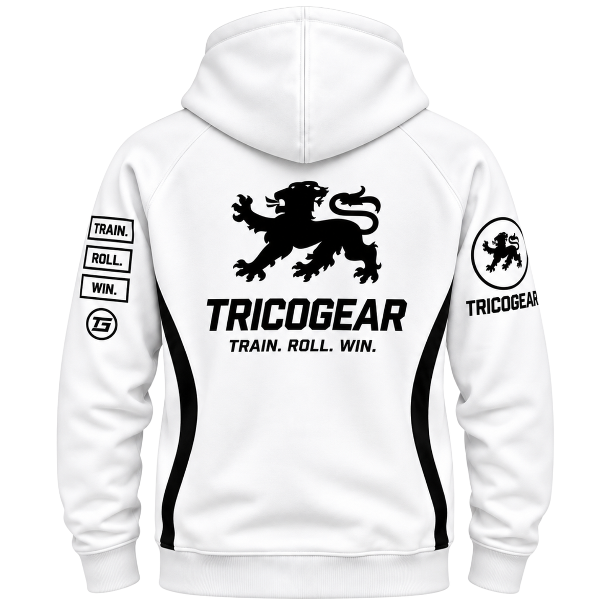Tricogear TRI 29 White Black BJJ Hoodie back view with large black Tricogear lion logo