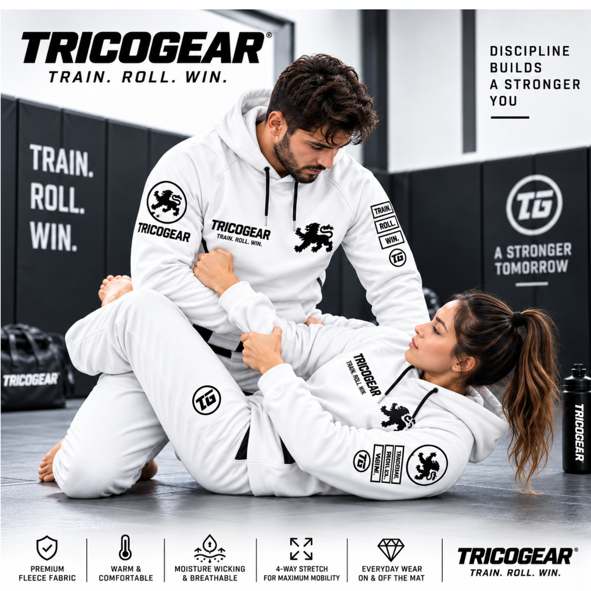 Tricogear TRI 29 White Black BJJ Hoodie worn during Brazilian Jiu-Jitsu training