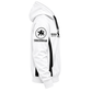 Tricogear TRI 29 White Black BJJ Hoodie side view showing black side panels and sleeve graphics