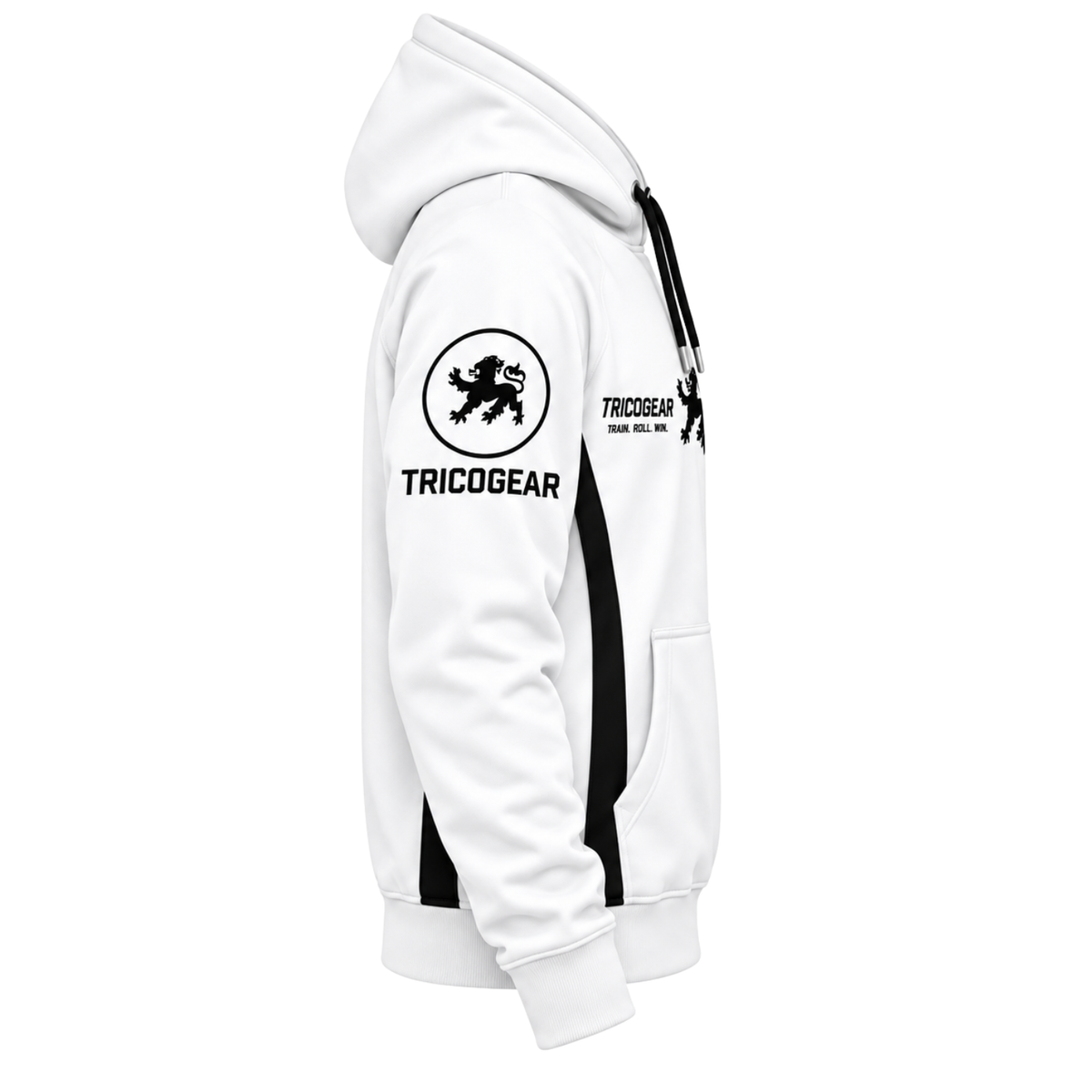 Tricogear TRI 29 White Black BJJ Hoodie side view showing black side panels and sleeve graphics