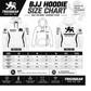 Tricogear TRI 29 White Black BJJ Hoodie size chart with chest and length measurements from XS to XXXL