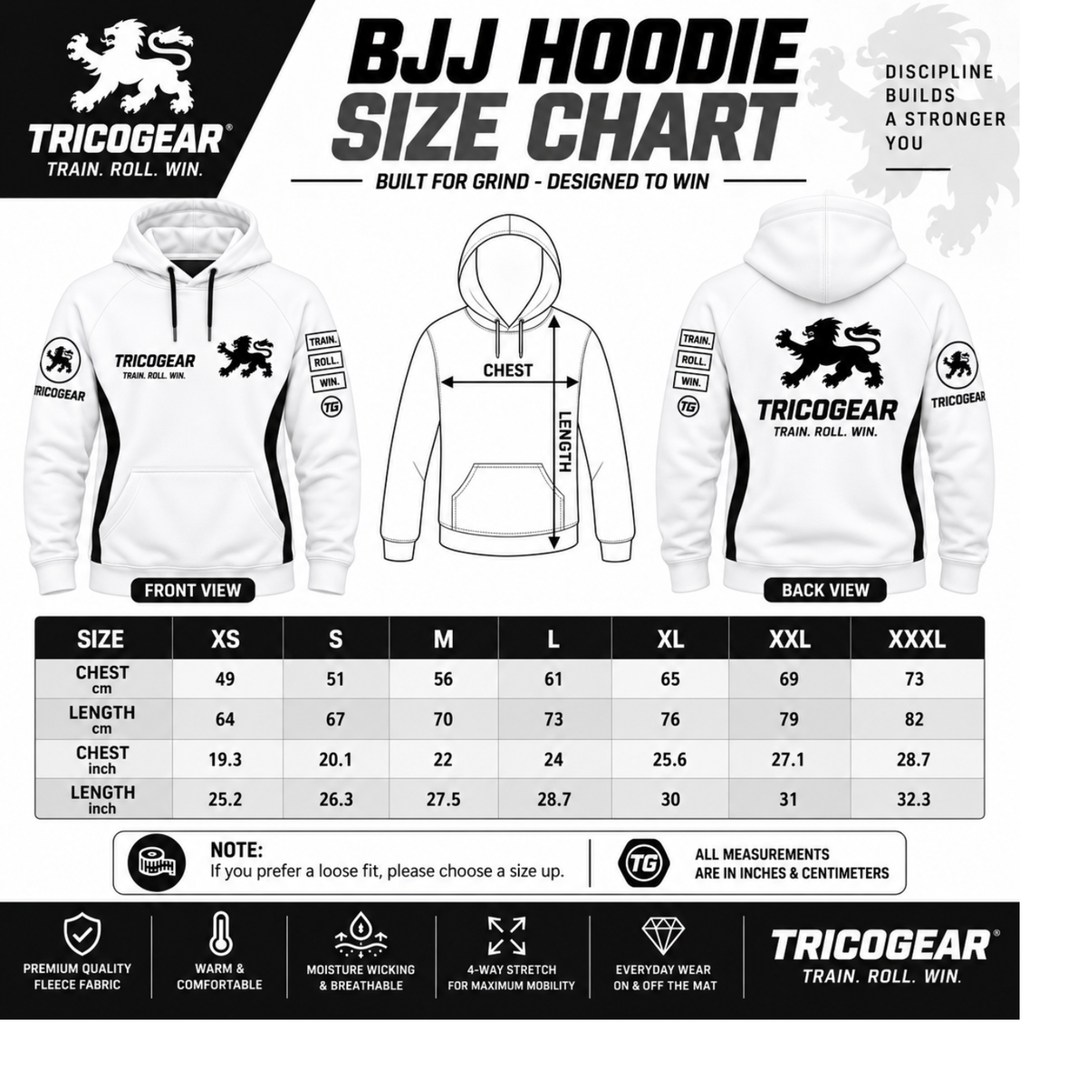 Tricogear TRI 29 White Black BJJ Hoodie size chart with chest and length measurements from XS to XXXL