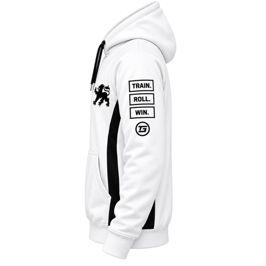 Tricogear TRI 29 White Black BJJ Hoodie side view showing black side panels and sleeve graphics