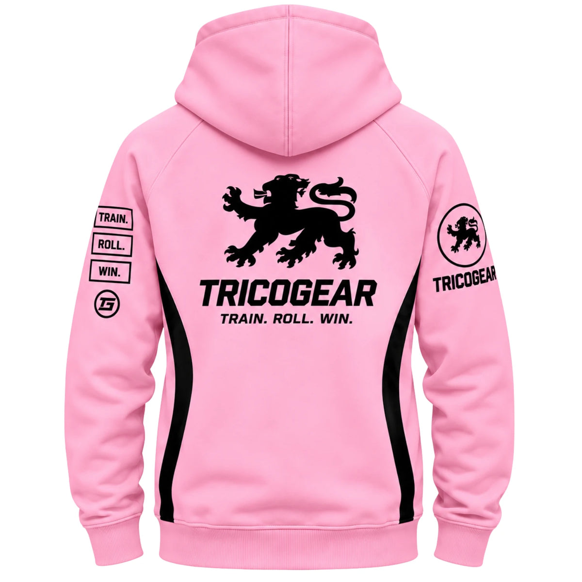 Tricogear TRI 30 pink black BJJ hoodie back view with large Tricogear lion logo and branding
